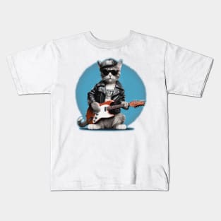 Cute Cat with leather jacket and sunglasses playing electric guitars Kids T-Shirt
